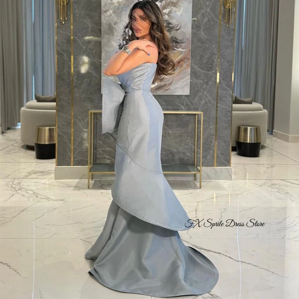 Mermaid Pure Silver Satin 3D Flowers Customized Evening Dresses Strapless Sleeveless Homecoming Dresses Court Train Party Gowns