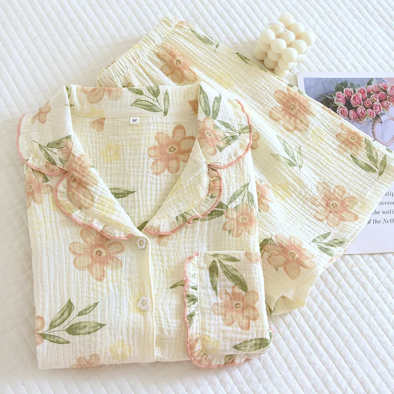 New Sale Women Home Wear 2023 Summer Gauze Cotton Leisure Turn-Down Collar Sleepwear Set Floral Printed 2Pcs Pyjamas