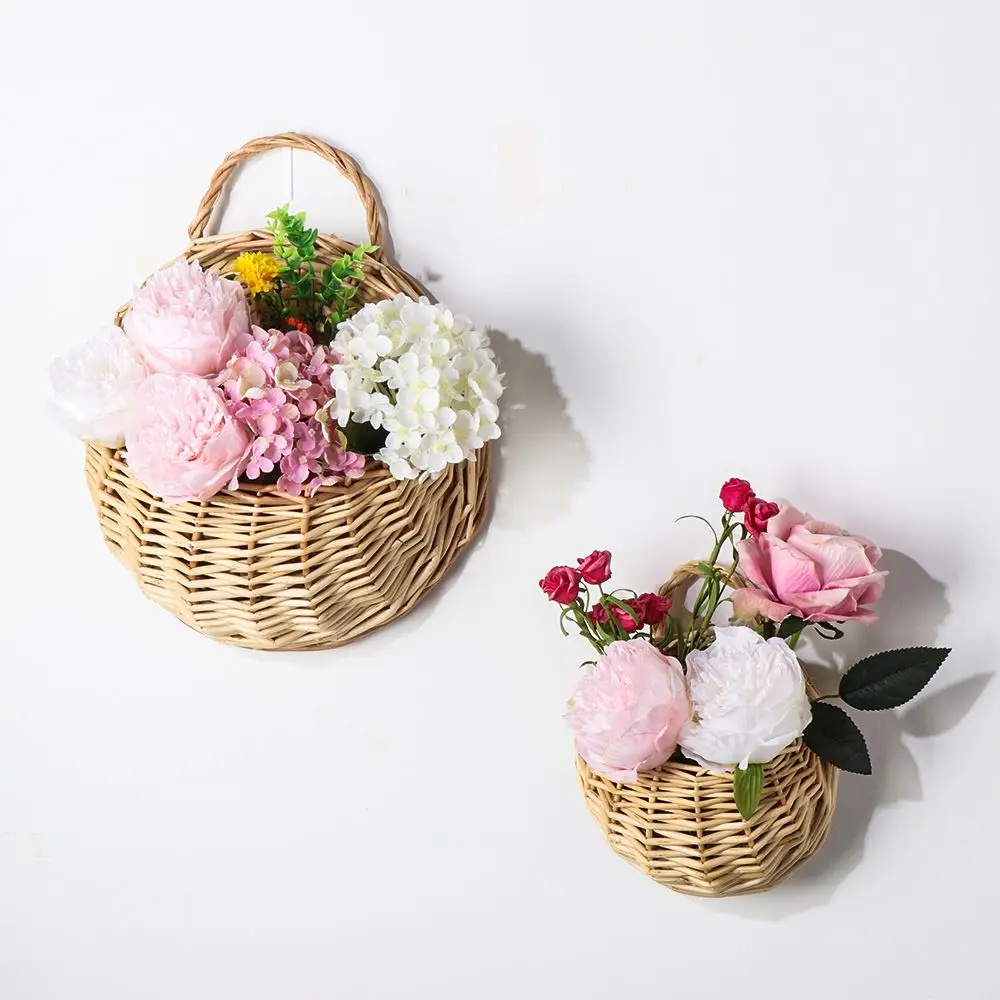 Wall Hanging Natural Wicker Woven Flower Basket Planter Rattan Vase Basket Home Garden Wall Decoration Storage Container