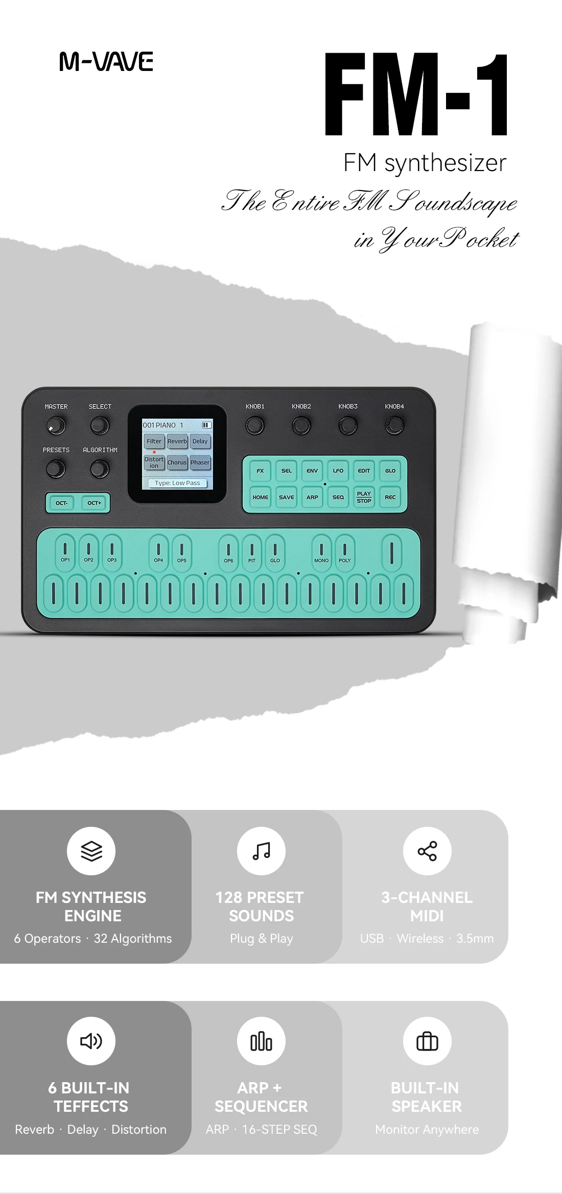 M-VAVE FM-1 (SK15) Black-Green FM Synthesis Keyboard – 6 Operators, 32 Algorithms, Reverb/Delay/Distortion, 16-Step Sequencer