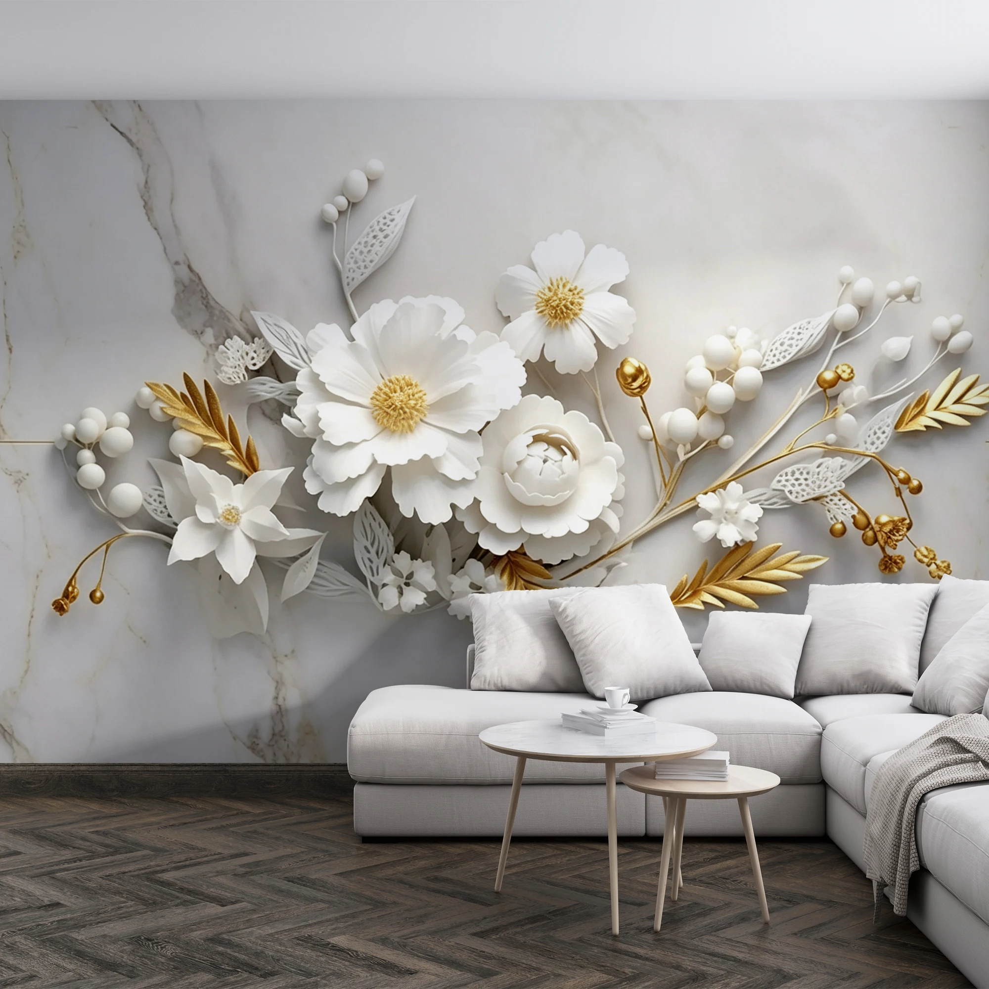 3D Relief White Flower Marble Wallpaper, Golden Leaf Floral Mural, Luxury Living Room Bedroom Wall Decor