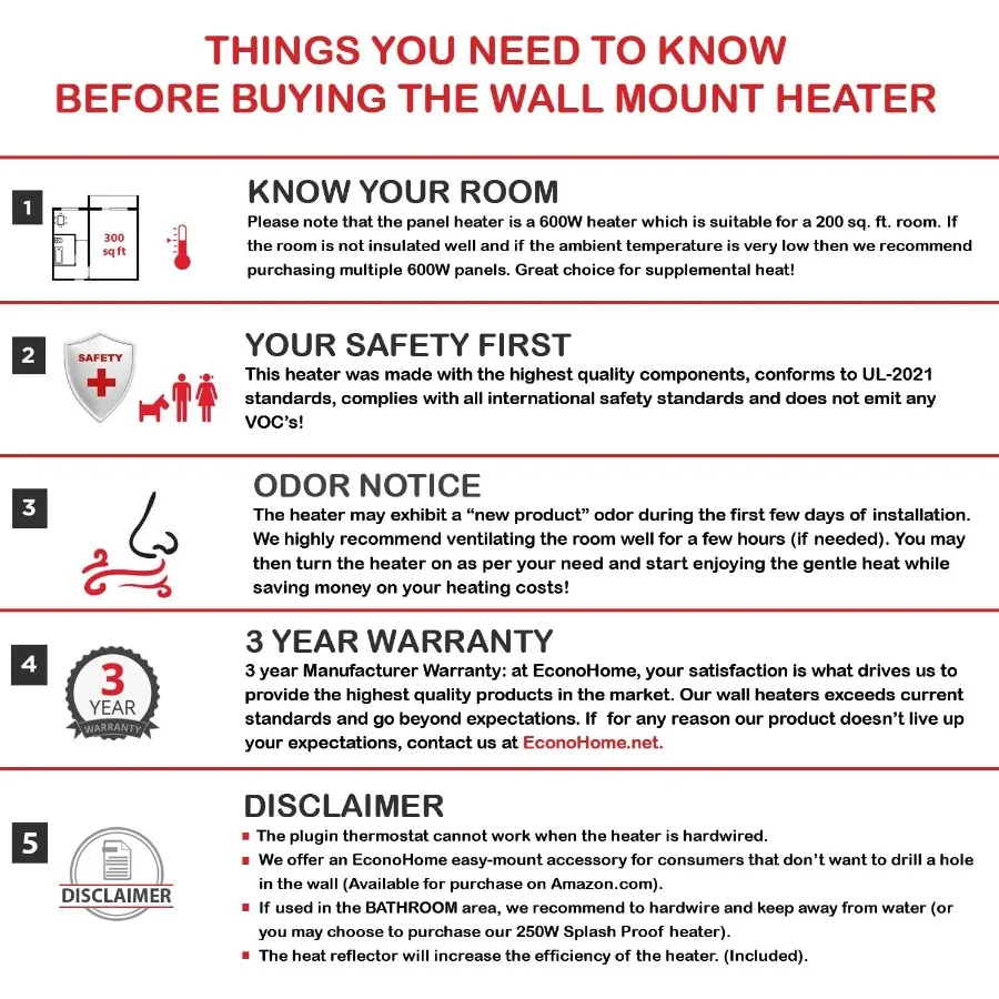 لوحة سخان مساحة مثبتة على الحائط مع ترموستات مدمج للتدفئة الحرارية الفعالة بقدرة 600 وات - مناسبة تمامًا للتدفئة