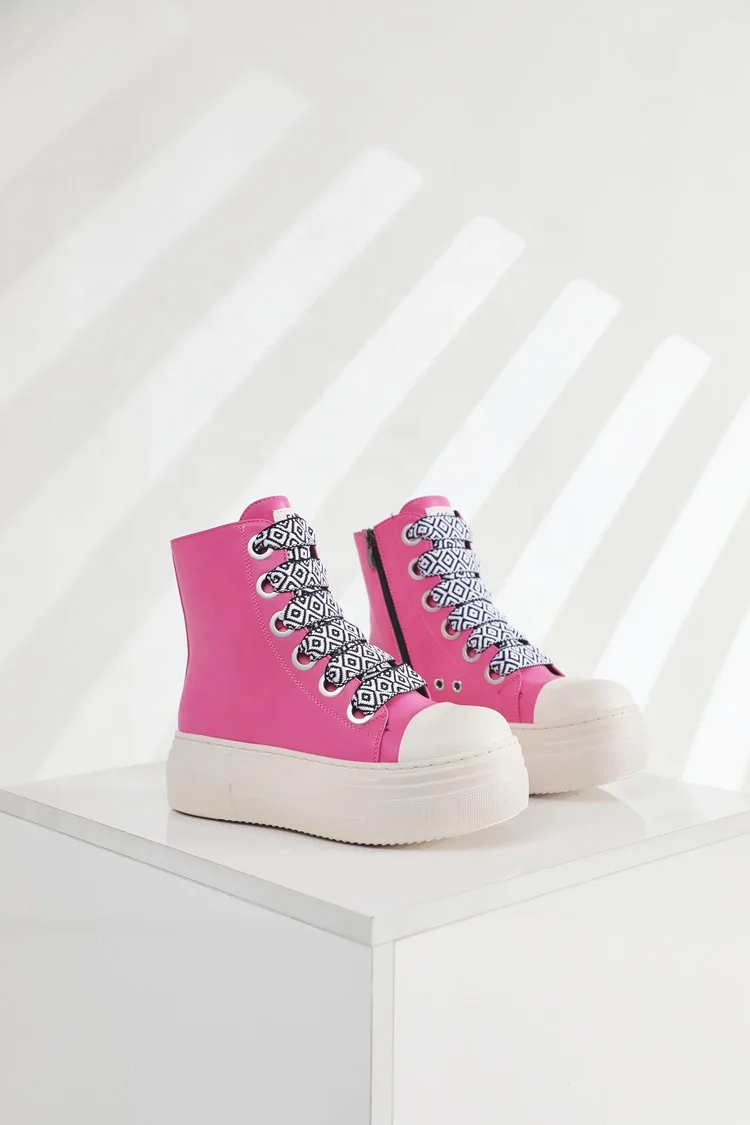 Sapatos casuais de couro PU para mulheres, Lace Up, Top alto, Sapatilhas de luxo, Zipper Sneakers, Moda