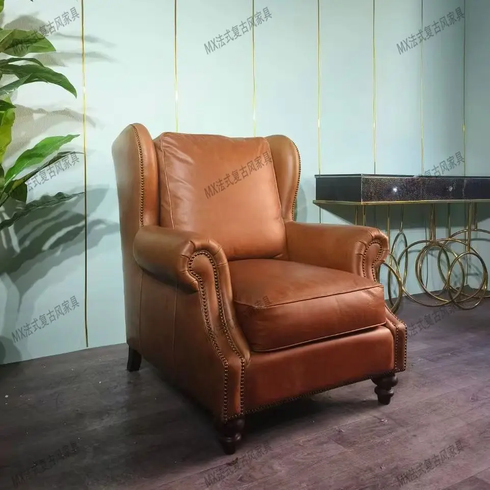 American Classic Tiger Chair Vintage Waxed Leather Single Sofa Chair, Retro Cigar Room Whiskey Lounge Chair