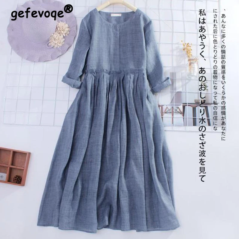 Summer New Japan Style Solid Color Cotton Linen Dress Women Long Sleeve Vestidos De Fiesta Loose Casual Oversized Robe Femme