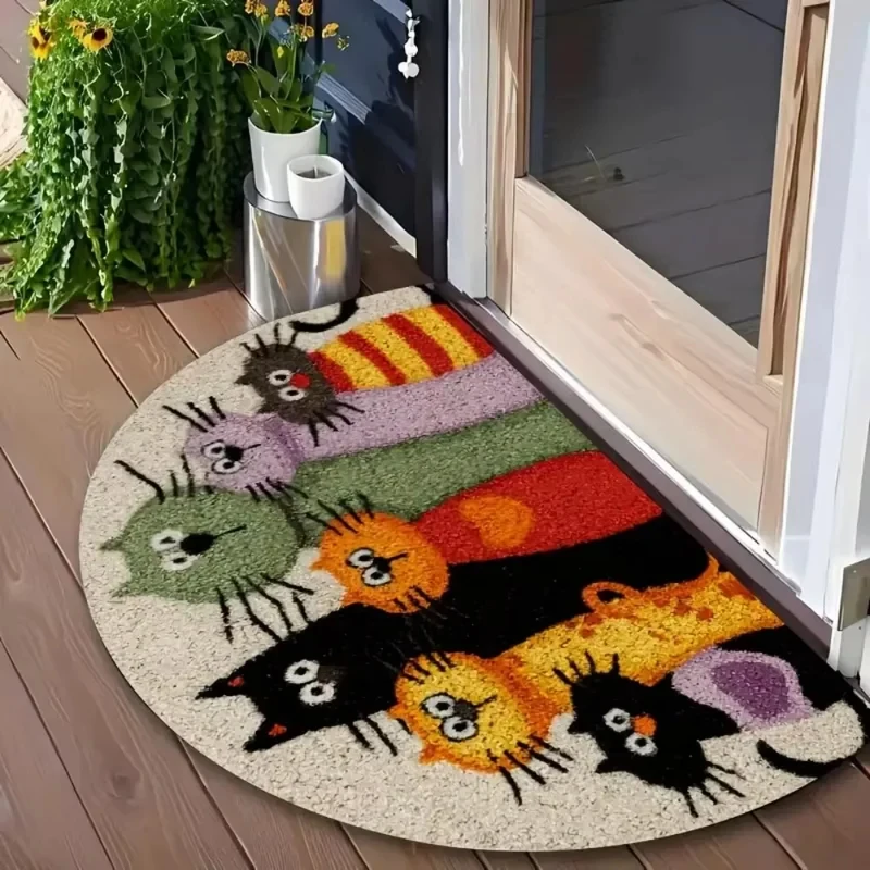 VIKAMA Peeking Cat Print Half Moon Doormat Non-Slip Absorbent Washable Dirt Trapper Floor Mat for Entryway