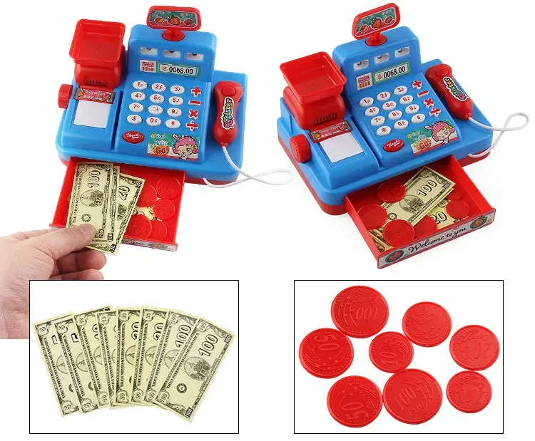 Kids Cash Register Pretend Play Toys Mini Supermarket Shopping Set Simulation Food Calculation Checkout Counter For Children