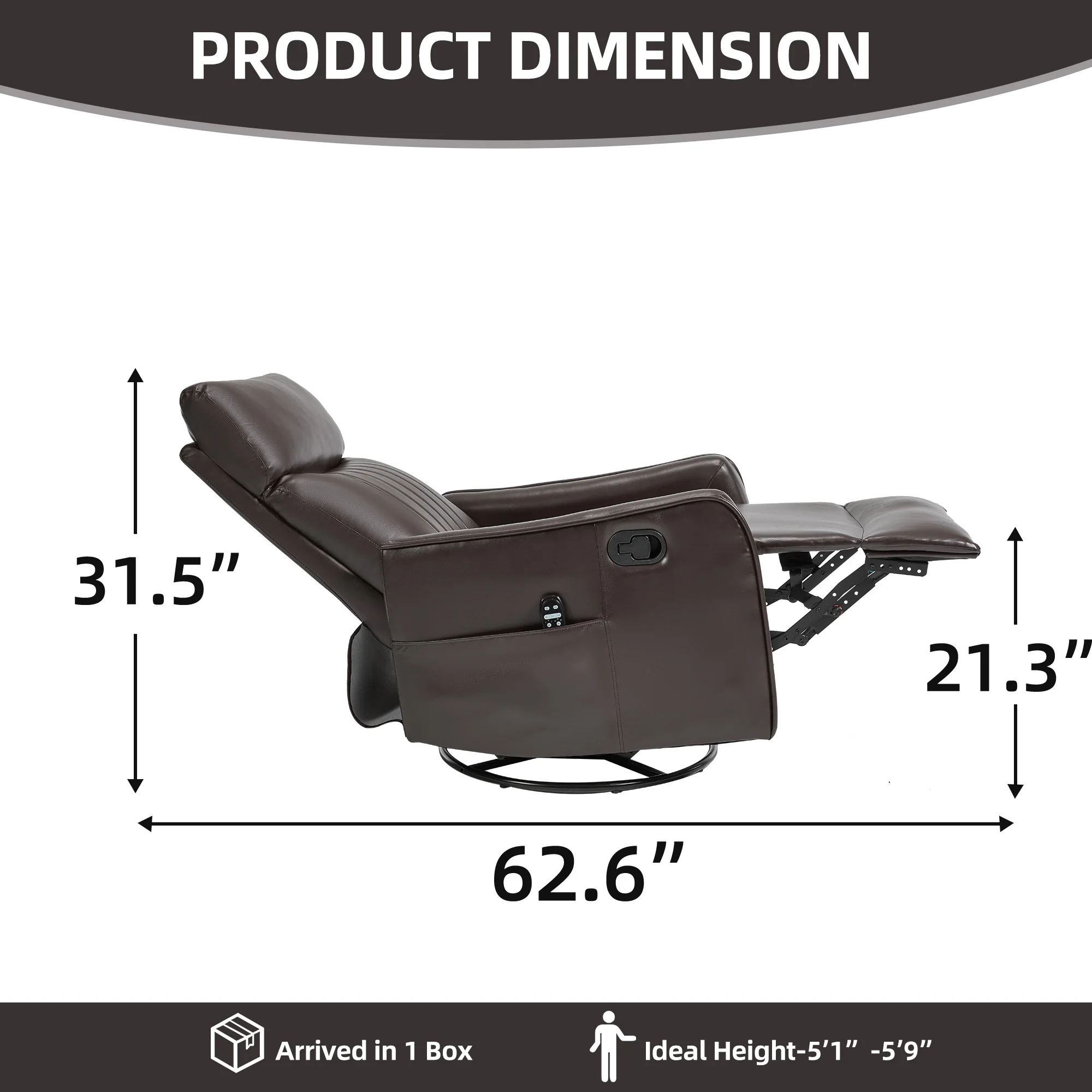 Manual Recliner Chair with Heat & Massage, Brown Faux Leather Rocker Swivel Accent Chair for Living Room view 5