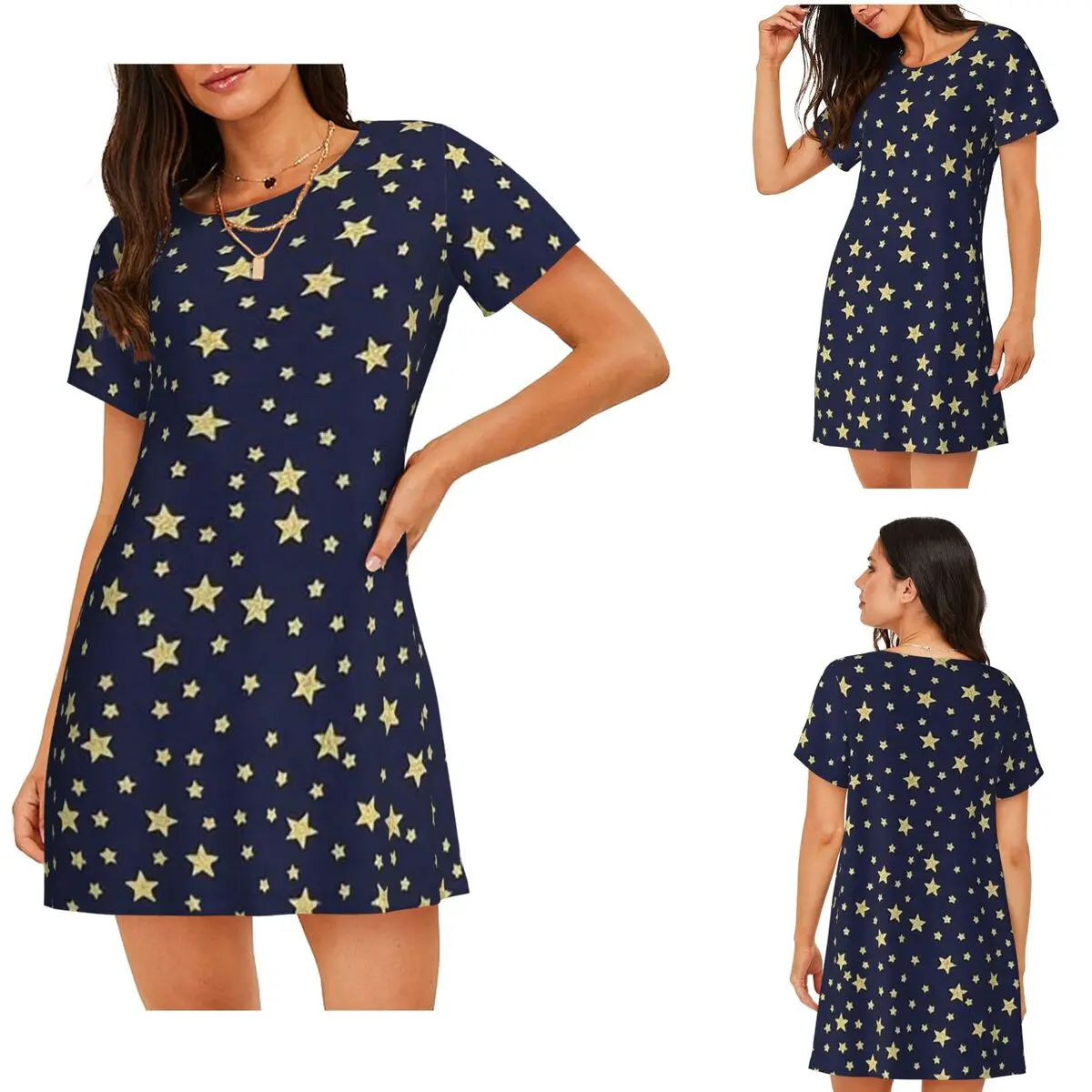 Navy Blue Sky And Stars Print Short Sleeves Nightdress For Sleeping Sleepshirts Women Short Sleeve Nightgowns Loose Pajama Dress
