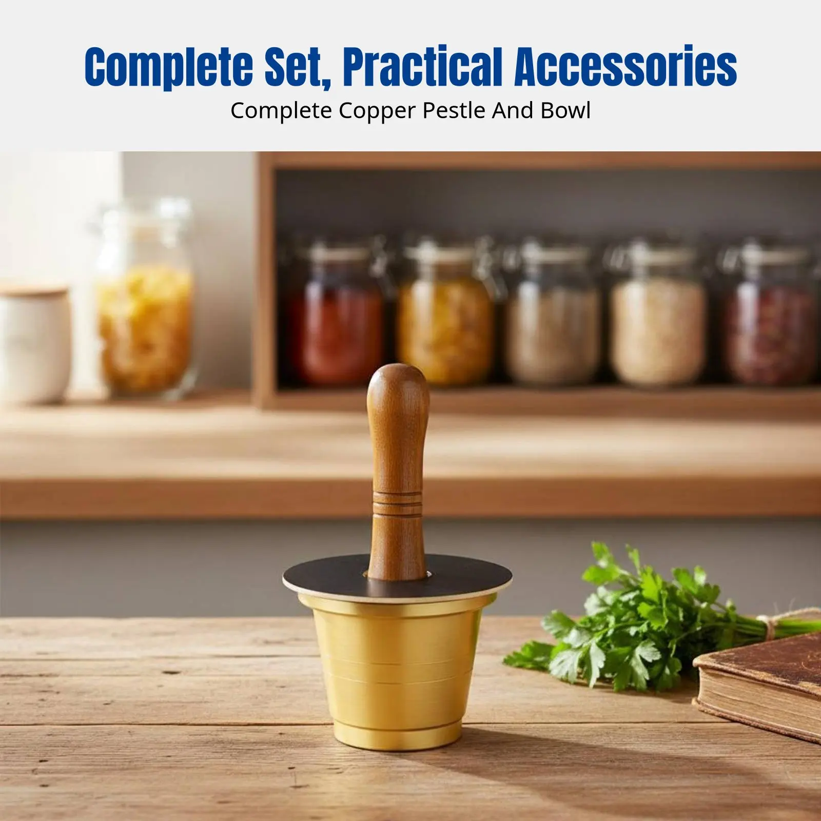 Solid Brass Mortar, Cantonese Style, Polished Pestle for Garlic and Spices, Durable Design