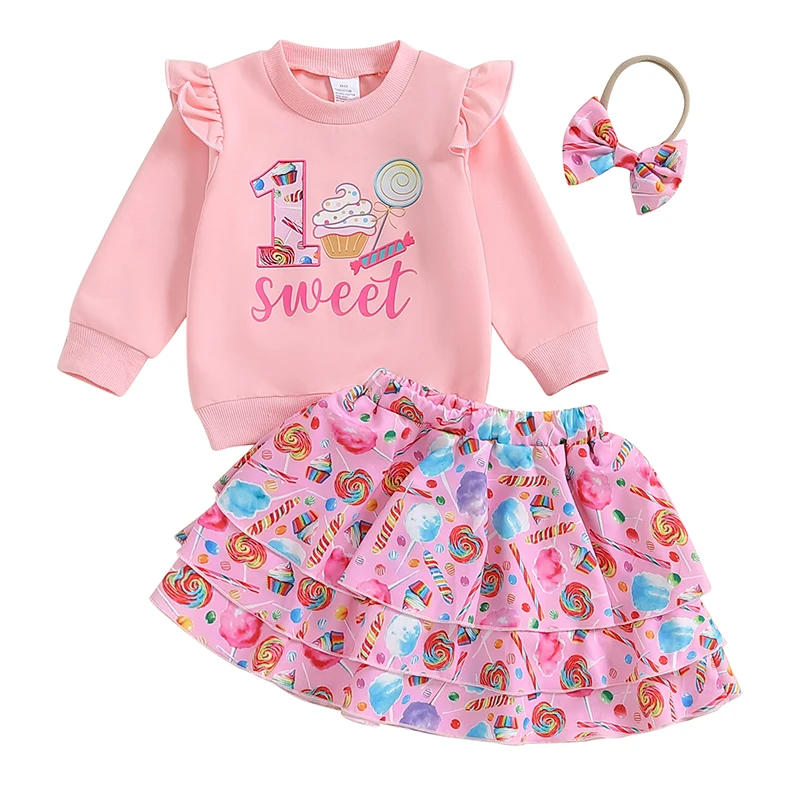 

Girls 3PCS Birthday Outfits Long Sleeve Ruffle Cake Lollipop Embroidery Tops Tiered Skirt Headband Set