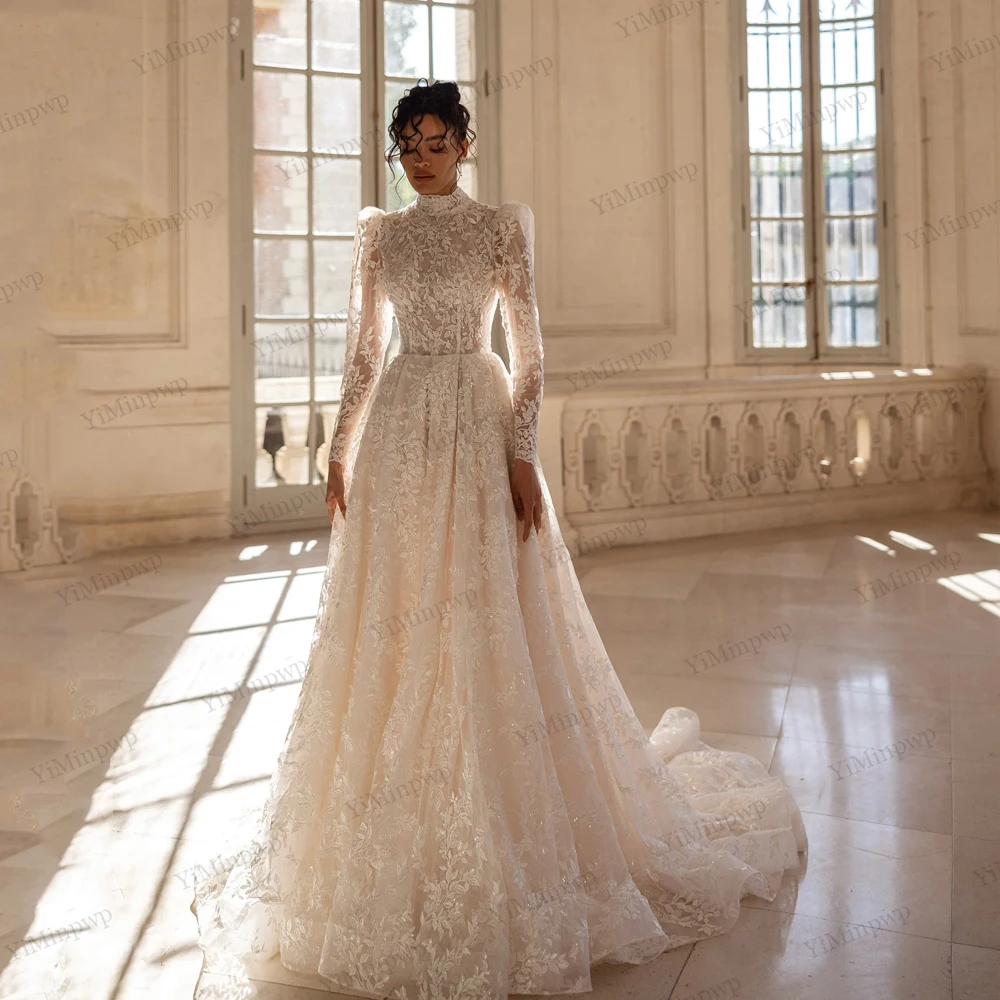 

Lace Princess Wedding Dresses Full Sleeve Backless High Neck Applique Bride Gowns vestido de novia para boda por la iglesia