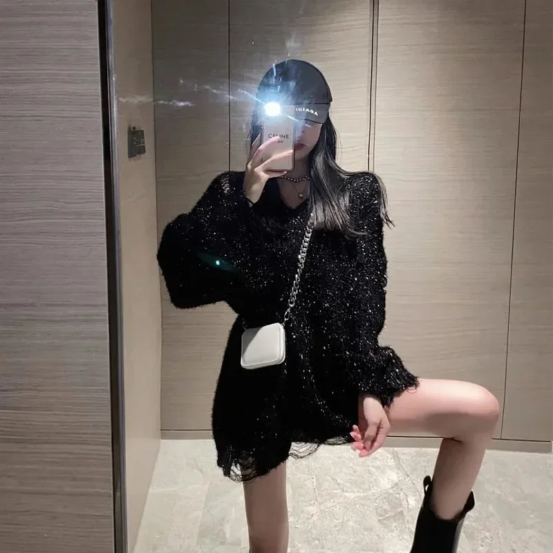 Bright Silver Shiny Sweater Women Autumn New Loose Lazy Mid Length Chic Pullover Fashion Frayed Goth Knitted Tops Pull Femme