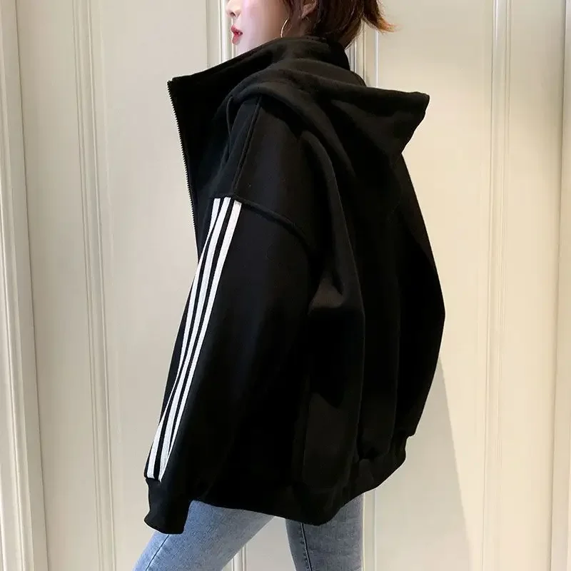 Women's Hooded Sport Sweatshirt 200kg Fleece-lined Thickened Autumn/winter Korean Style Loose-fit Jacket Trendy