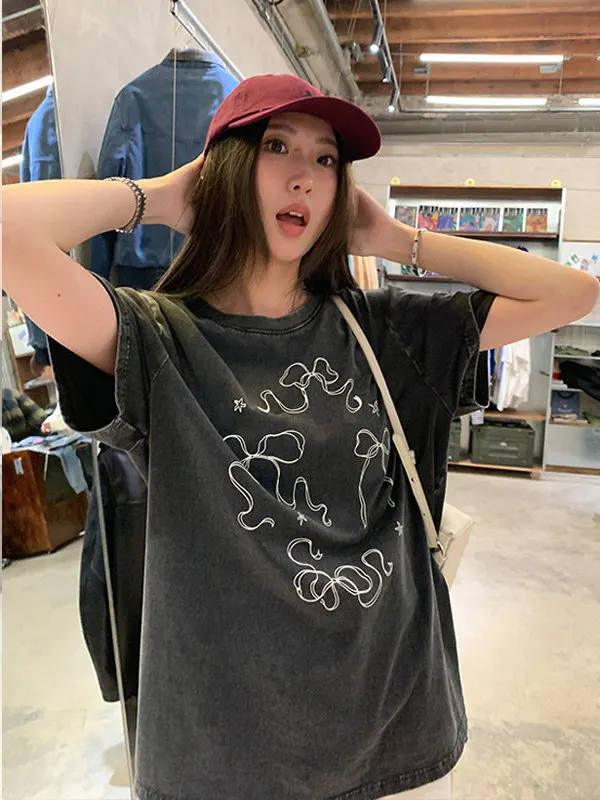 

Washed Vintage Grey Short Sleeve T-Shirt Women's Summer New Unique Beautiful Loose American Retro Print Top round Neck Casual