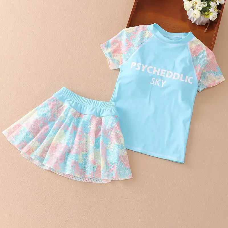 Girls Swimsuit Fashion Mesh Sports Conservative Casual Swimwear Two Piece Short Sleeve Hot Spring Children's Bathing Suit 2023