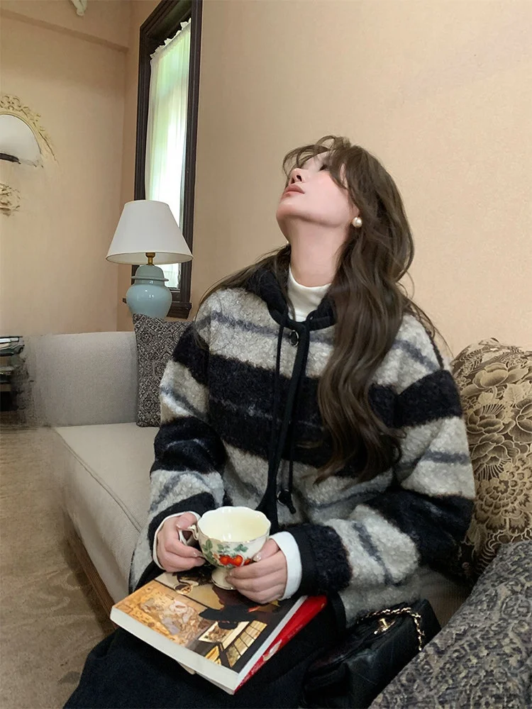 

Miaolab зимняя теплая полосатая цветная блузка с капюшоном, хлопковая куртка Street Sle, свободная посадка, длинная све, женская ор, верхняя одежда