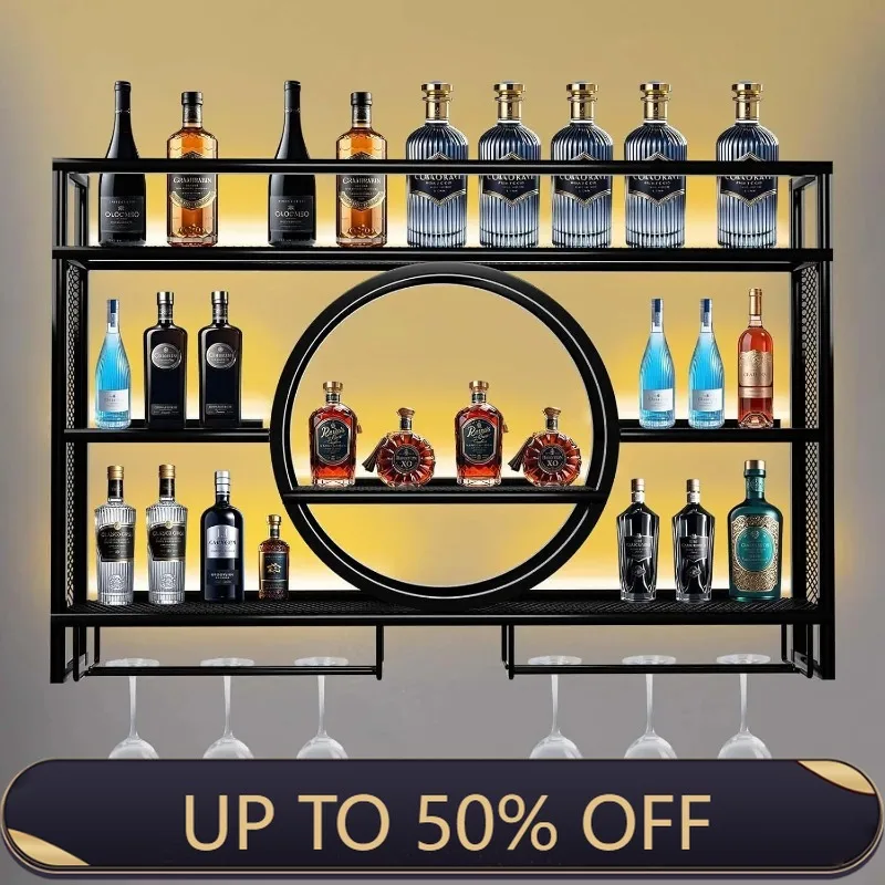 Modern Black Wall Mounted Wine Rack Industrial Metal Wine Bottle Holder With Stemware Glass Hanger Floating Organizer Bar