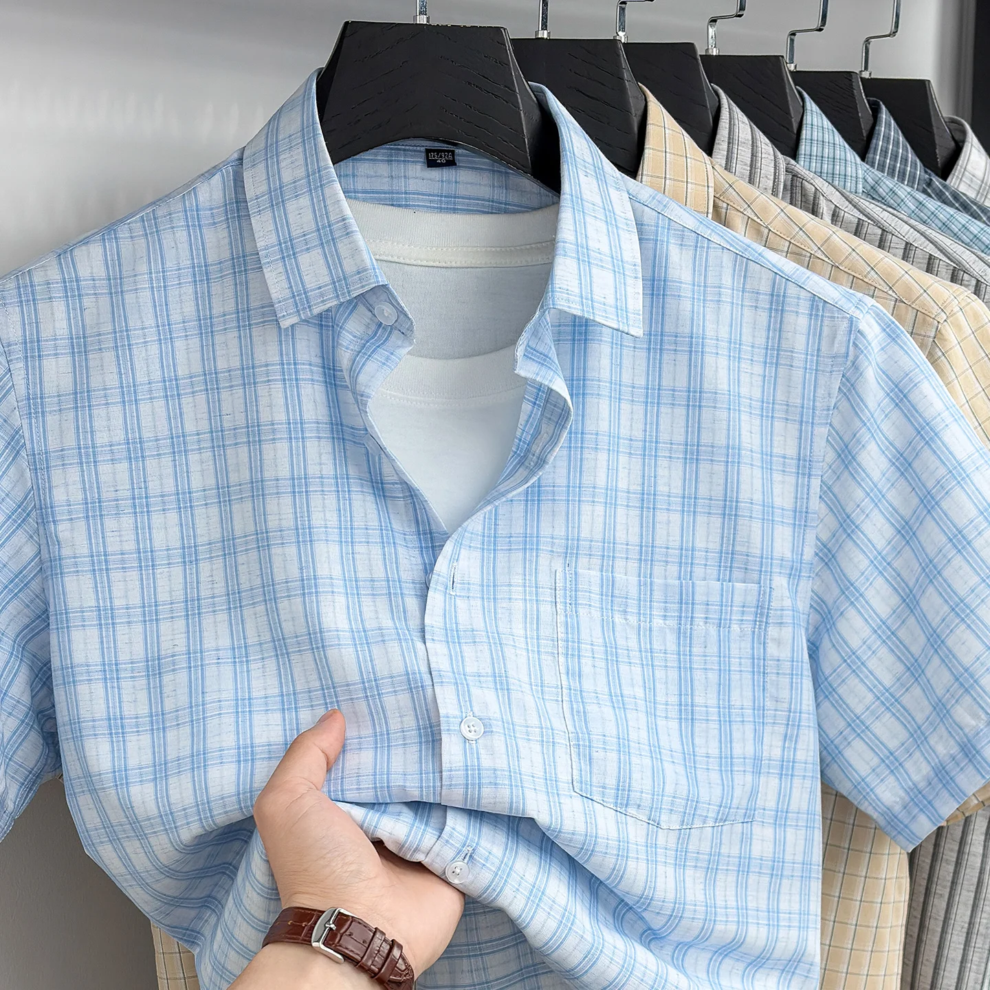 

2026 Men's Classic Short Sleeve Plaid/striped Basic casual Shirts Single Patch Pocket linen-cotton Regular Fit Social Shirt