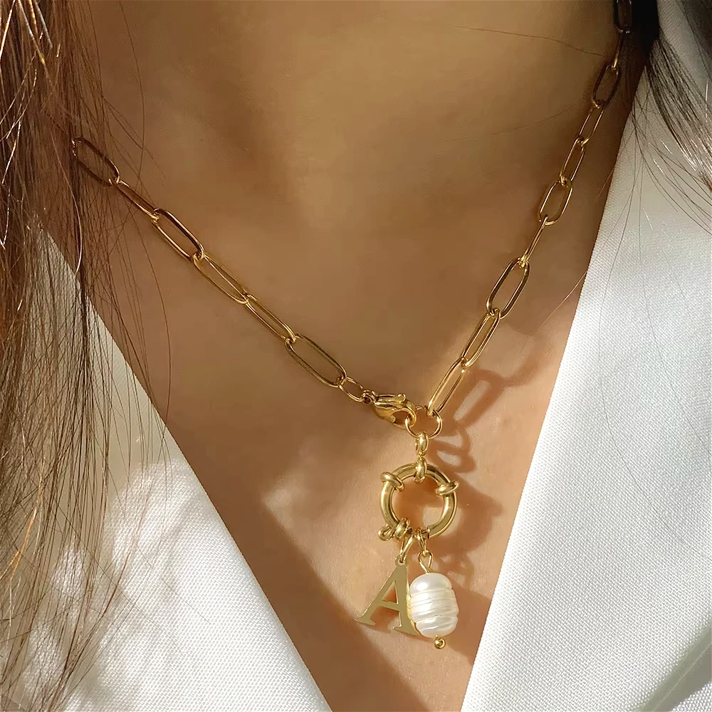 2PCS Women Stainless Steel Golden Choker Necklace Snap Hook Pearl Pendant with Initial Letter Pendants Women\'s Jewelry Gift 2025