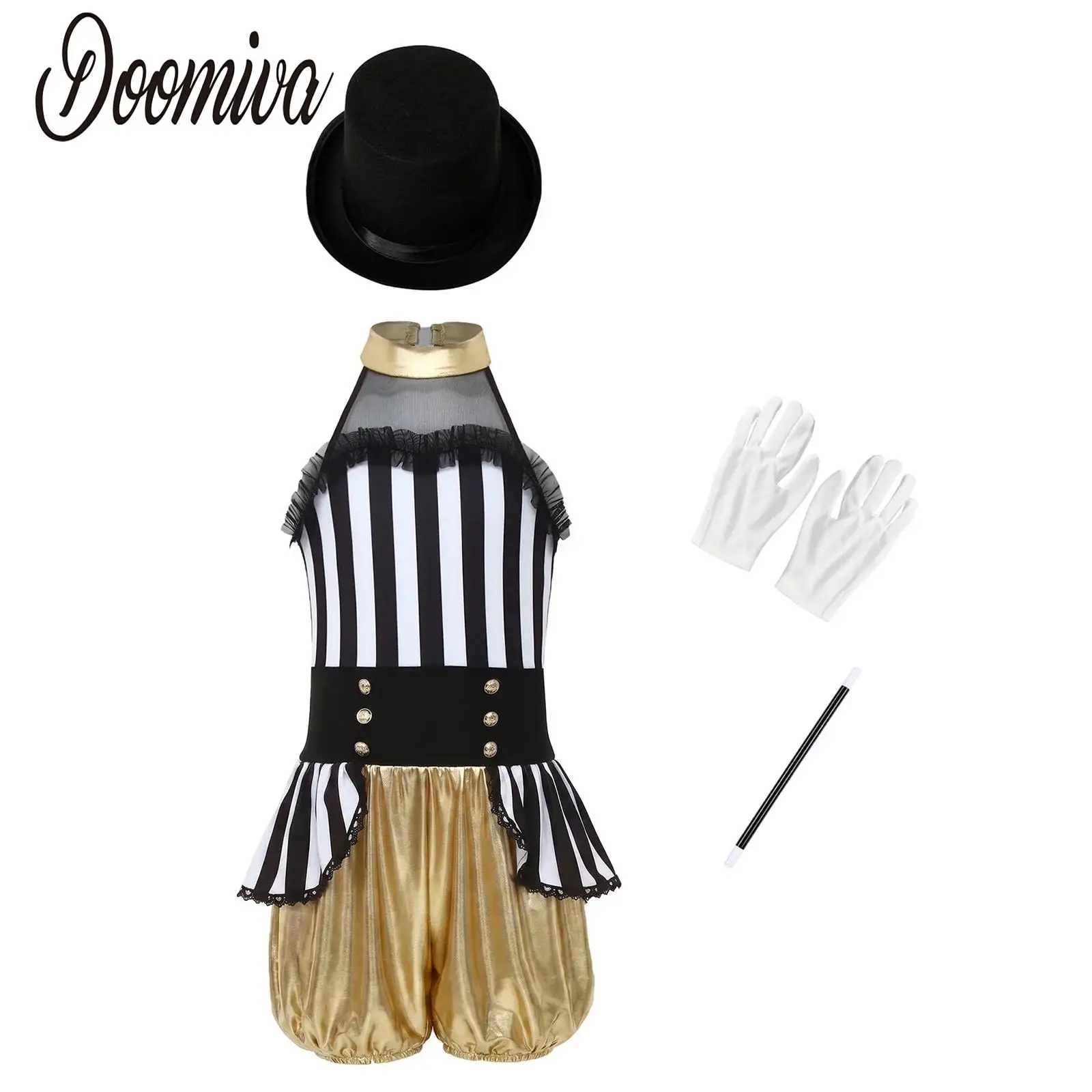 

Girls Circus Ringmaster Dance Jazz Costumes Halloween Magician Set Sleeveless Waist Overlay Jumpsuit with Magic Wand Hat Gloves