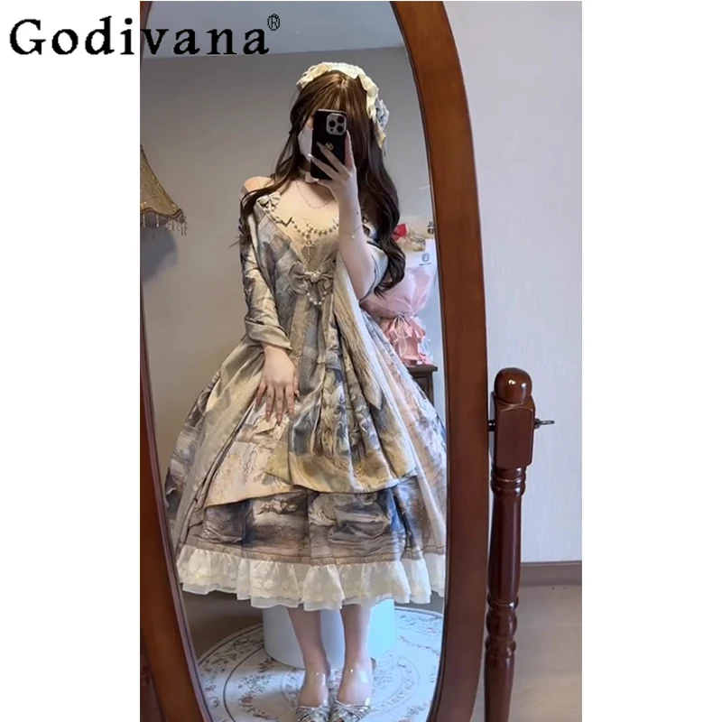 

Sweet Cute Retro Palace Style Dress Set Women Oil Painting Lolita Strap Dress Shawl Set Female Lolita Gorgeous Daily Wear Dress