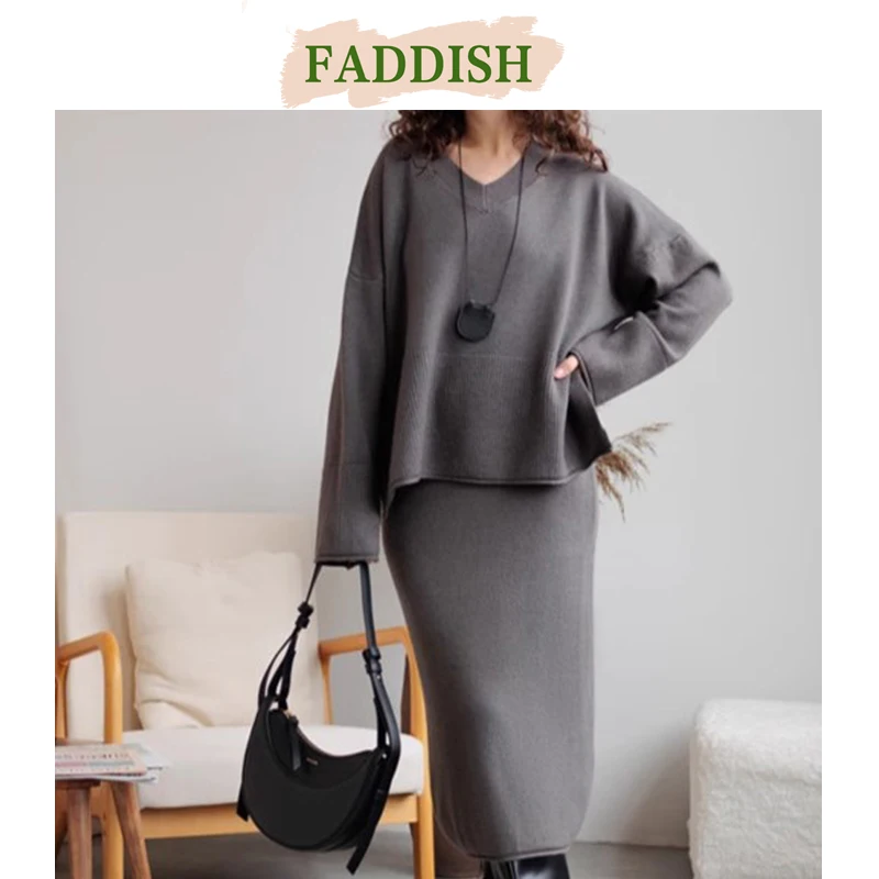 FADDISH 2024 Autumn Women Fashion V-Neck Long Sleeves Knit Split Fork Sweater + Solid Color High Waist Casual Skirt Set Female