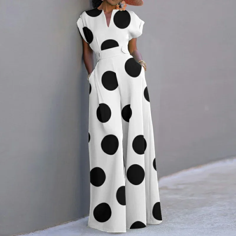 

Women's Summer Autumn Retro Polka-dot Jumpsuits 2026 New Romper Short Sleeves One Pieces Wide Leg Long Elegant Pants for Woman