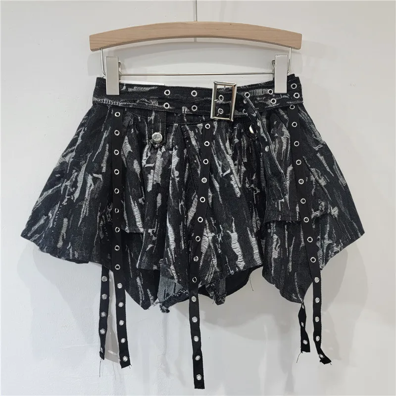 YYAHAHAS Design Sense: Jacquard Irregular Ribbon Denim Pleated Retro A-line Skirt, Black Mini Skirt Female Clothing