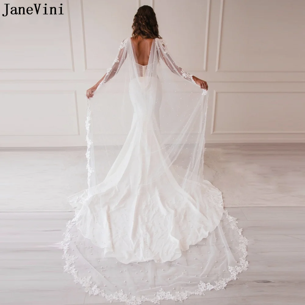 JaneVini – Cape de mariée pour robe de mariée, 3 mètres de Long, enveloppes, perles blanches/ivoire, bord en dentelle, châle boléro en Tulle avec broche