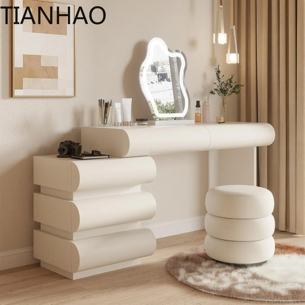 Makeup Vanity Desk with Lighted Mirror and Stool,Faux Leather Upholstered Finish,Modern Dressing Table with 5Drawers for Bedroom