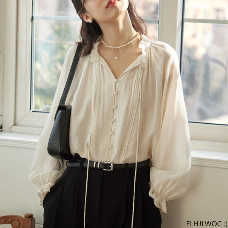 Hot Sales Bow Tie Ruffles Tops Blusas 2024 Cute Sweet Girls Chic Korea Fashion Clothes Solid Cotton Blends Women Shirts Blouses