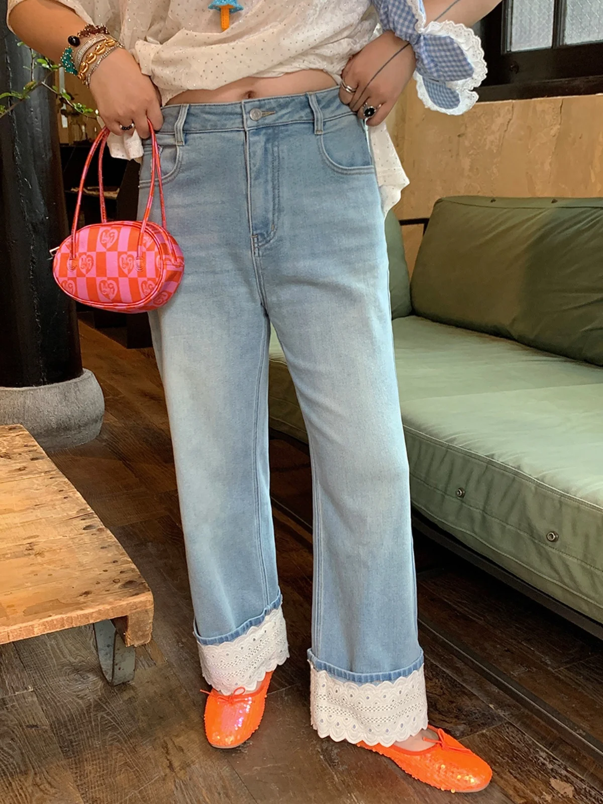 

Джинсы с кружевом и высокой талией, женские весенне-осенние новые прямые брюки Sle Gold Dazhi, большие размеры, эффект похудения