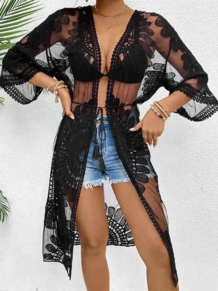 Vestido de playa tipo kimono de playa de encaje transparente con bordado floral para mujer