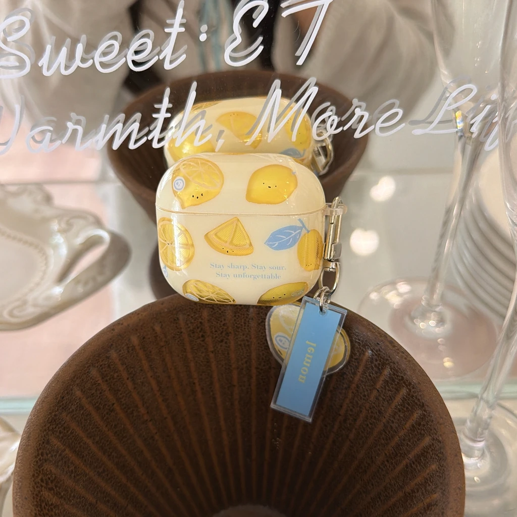 Fresh Summer Cartoon Yellow Lemon Print Glossy With Pendant Shock Proof Earphone Cover Case for AirPods 1 or 2 3 4 5 Pro 2 Pro 3