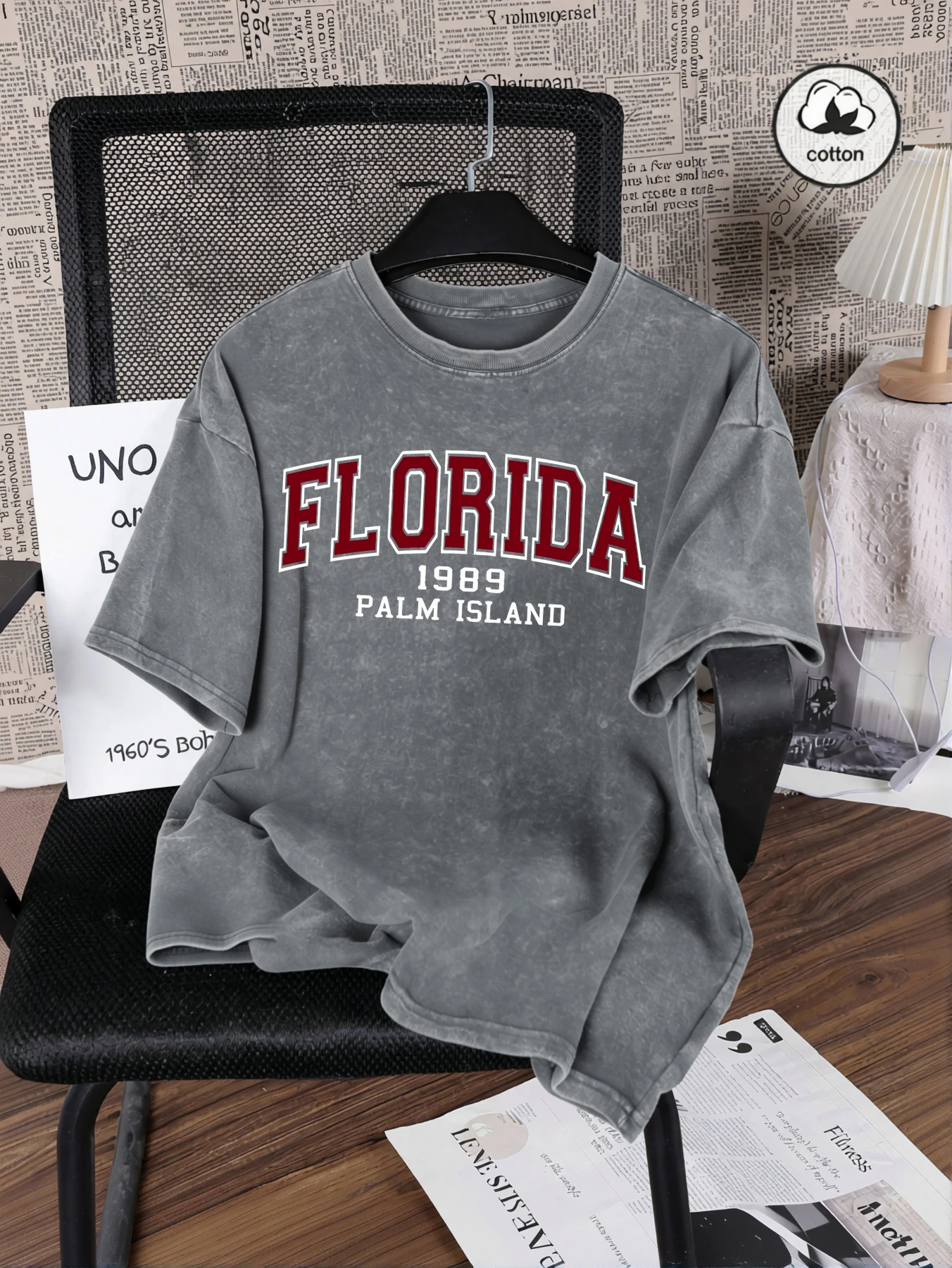 Florida 1989 Palm Island Print Washed T-Shirt Herren Sommer-Baumwoll-T-Shirts O-Ausschnitt Lose Kleidung Mehrfarbig Herren Kurzarm
