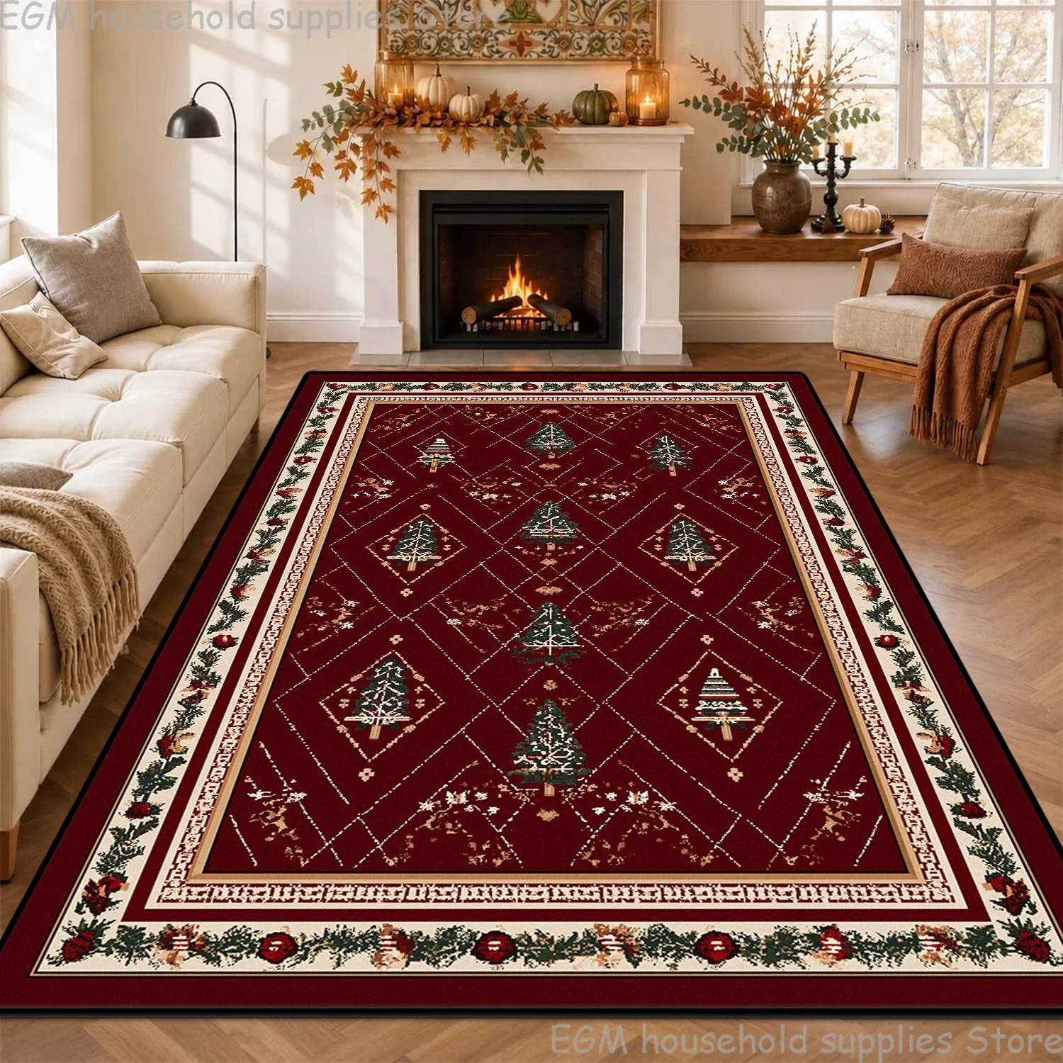 Red Vintage Christmas Carpet Short Velvet Soft Home Decoration Living Room Rug Festive Xmas Bedroom Non-slip Washable Floor Mats