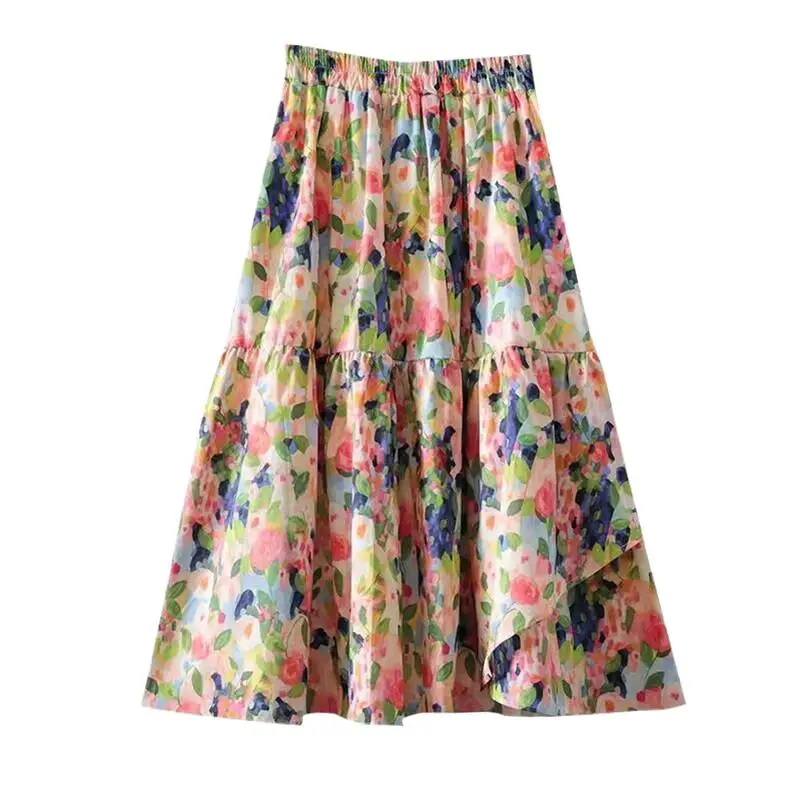 Summer New Cotton Women's Medium Length Skirts Sweet Lotus Leaf Side Vintage Print Seaside Vacation Style Chic Vestidos