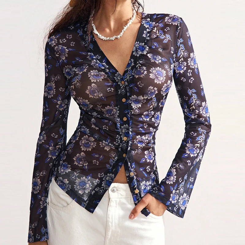 

New Hot Tops Women Slim Fit Shirt Long Sleeve Shirt V Neck Button Down Blouse Women Elegant Floral Lace Shirt Autumn Tops