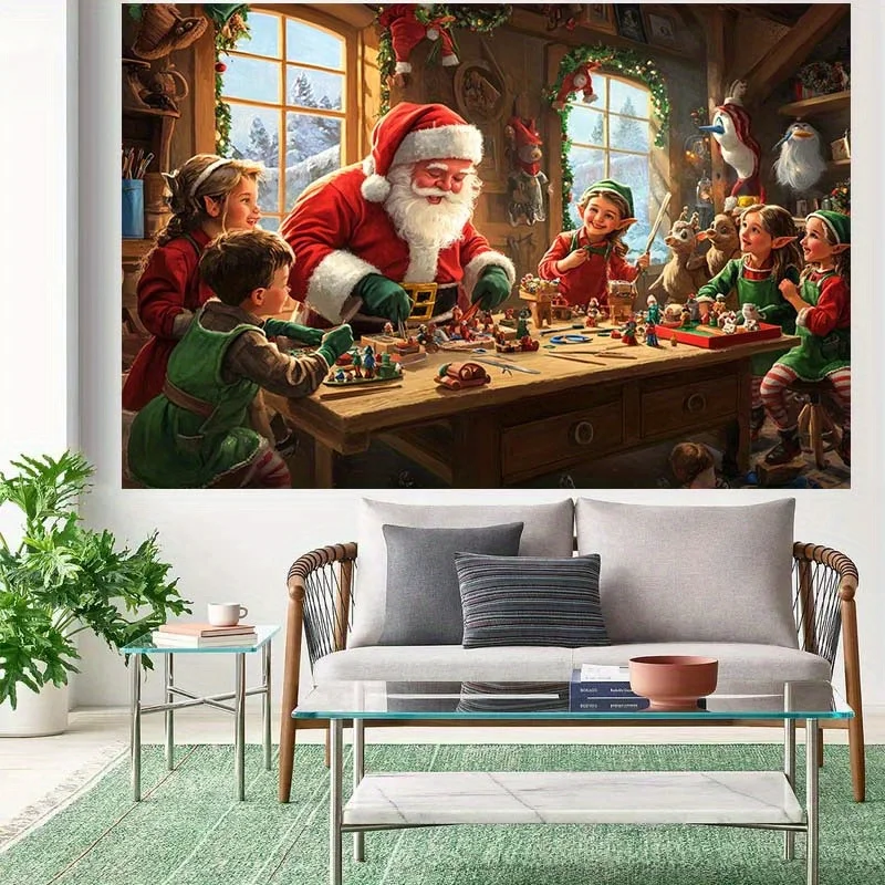 Santa Workshop Tapestry, Elves Making Toys Wall Hanging, Cozy Christmas Cabin Art, Festive Holiday Kids Room Decor, Warm Blanket