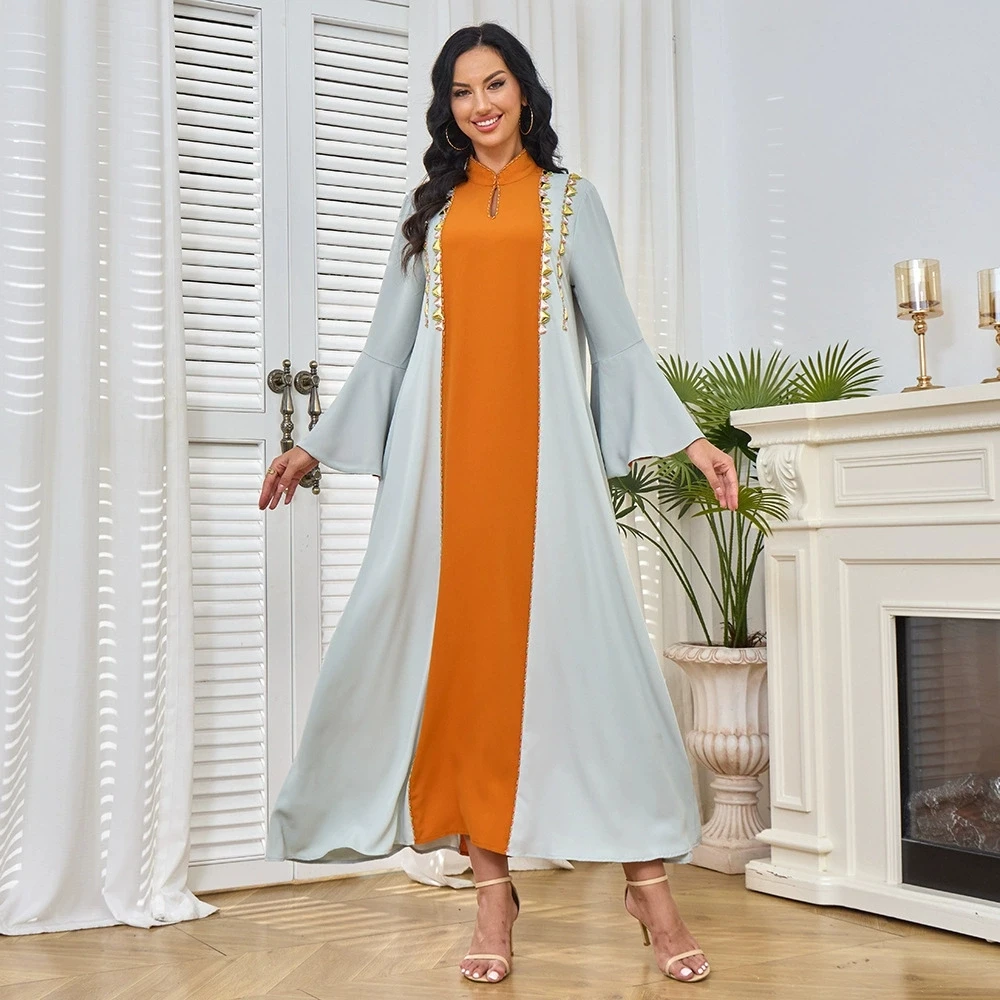 

Ramadan Middle East Islamic Robe Women's Long Dress Dubai Women's Luxury Fashion Contrast Bead Evening Dress Muslim Dress