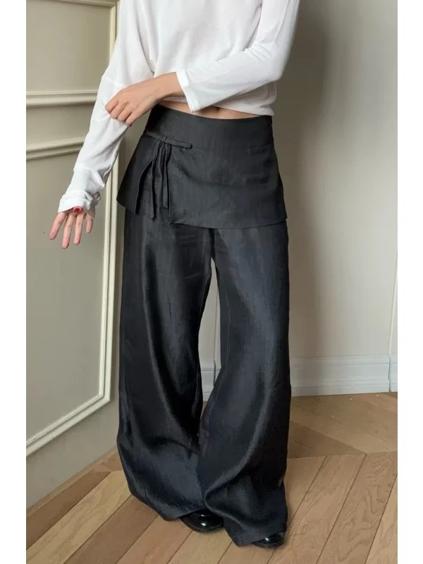 

Ретро-брюки с разрезами и узлами, широкие, повседневные, женские, весна-осень, новинка, имитация двух частей, с низкой талией, для женщин