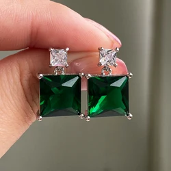 UILZ Princess Cut Green Pink Zircon Square Stud Earrings Luxury Crystal Stone Earrings for Women Wedding Jewelry Wholesale