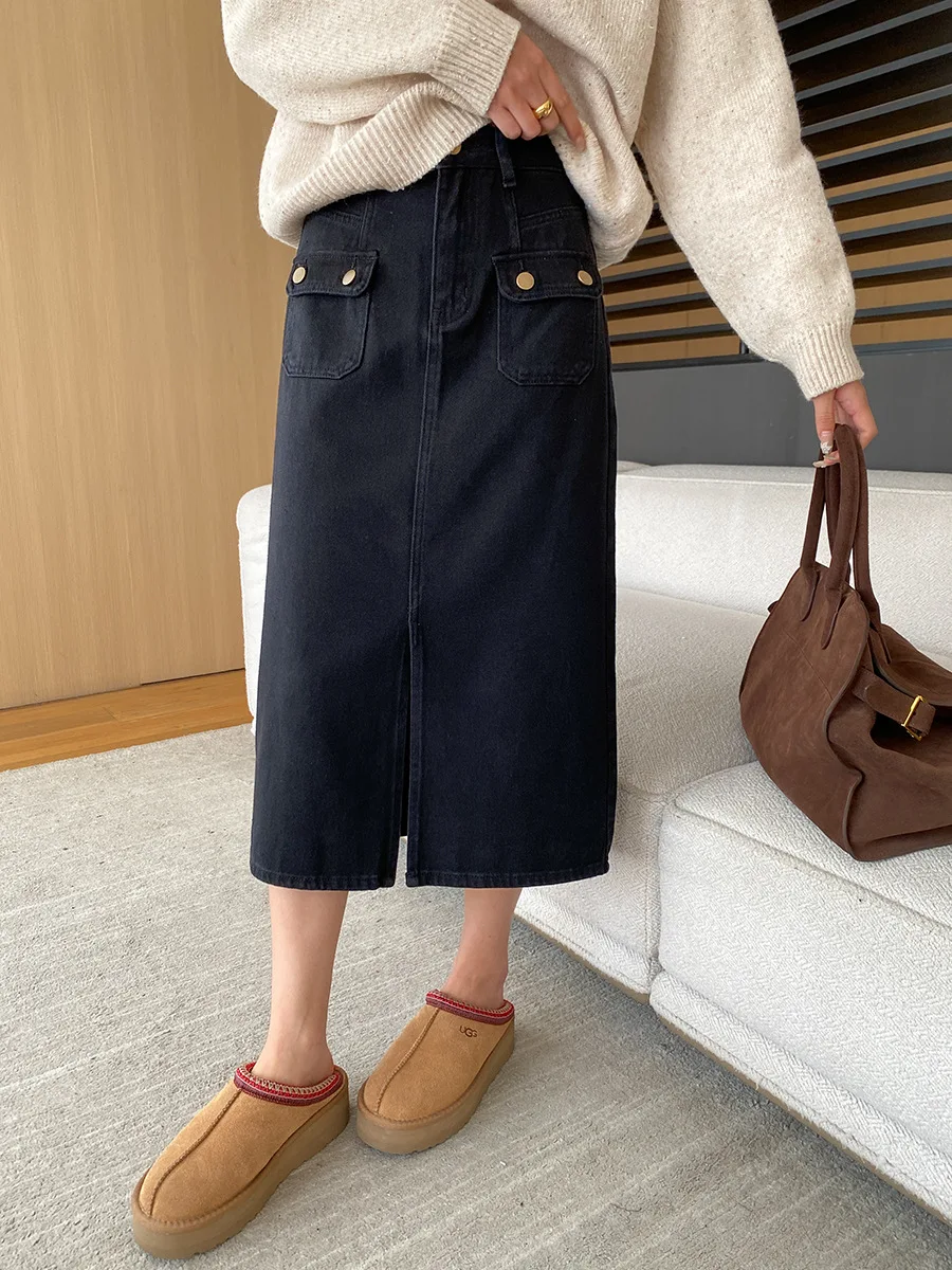 Spring and Autumn Women's Casual Solid Color High Waist Pocket Decorative Denim Skirt