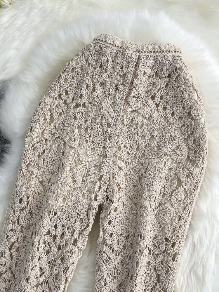 Pantaloni svasati scavati lavorati a maglia a vita alta Beach Vaion Pantaloni lunghi casual estivi coreani Sle Effetto dimagrante