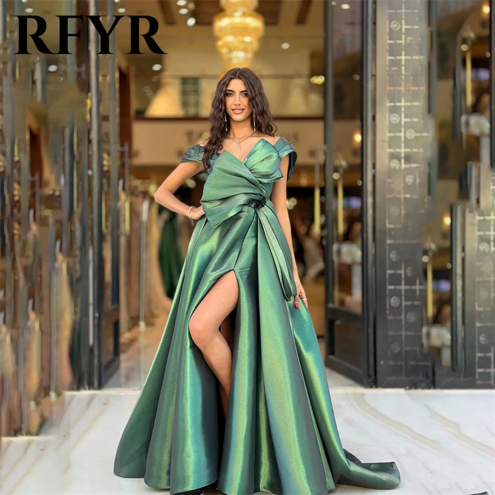 RFYR Hunter Green A Line Prom Dresses Off the Shoulder Side Split فساتين سهره Shining Stain Pleat V Neck Wedding Darty Dresses