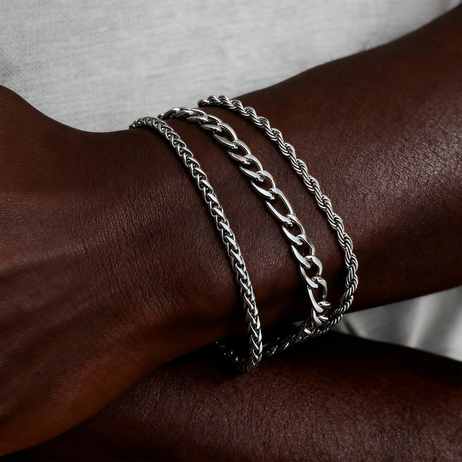 3pcs Silver Color Men's Bracelet,Waterproof Stainless Steel Wheat Chain Bracelet,Simple Casual Jewelry Gift