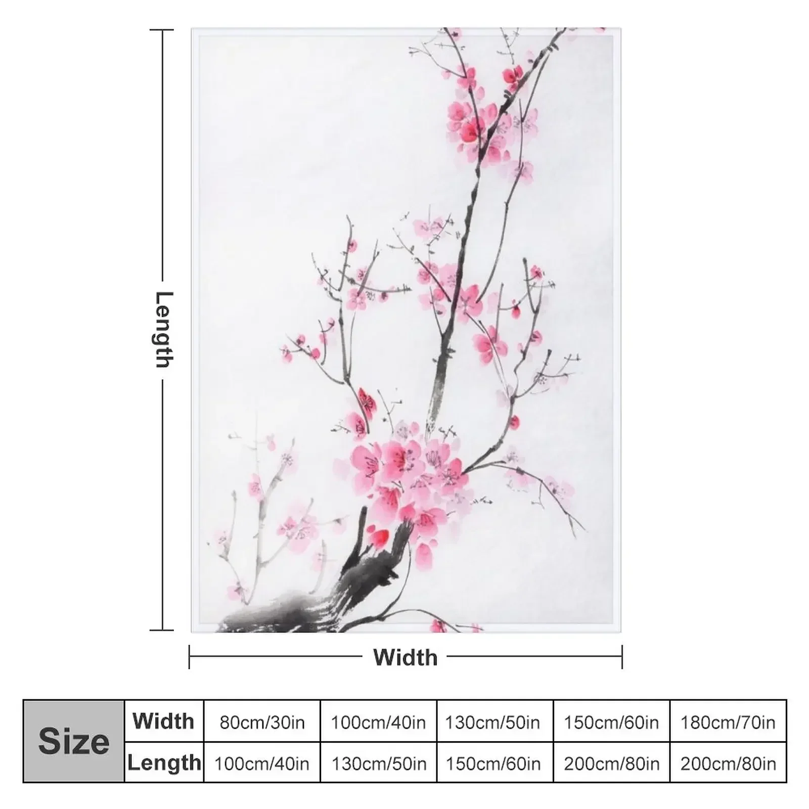 Delicate sakura branch with pink blossoms Japanese Zen sumi-e painting on white rice paper art print Throw Blanket