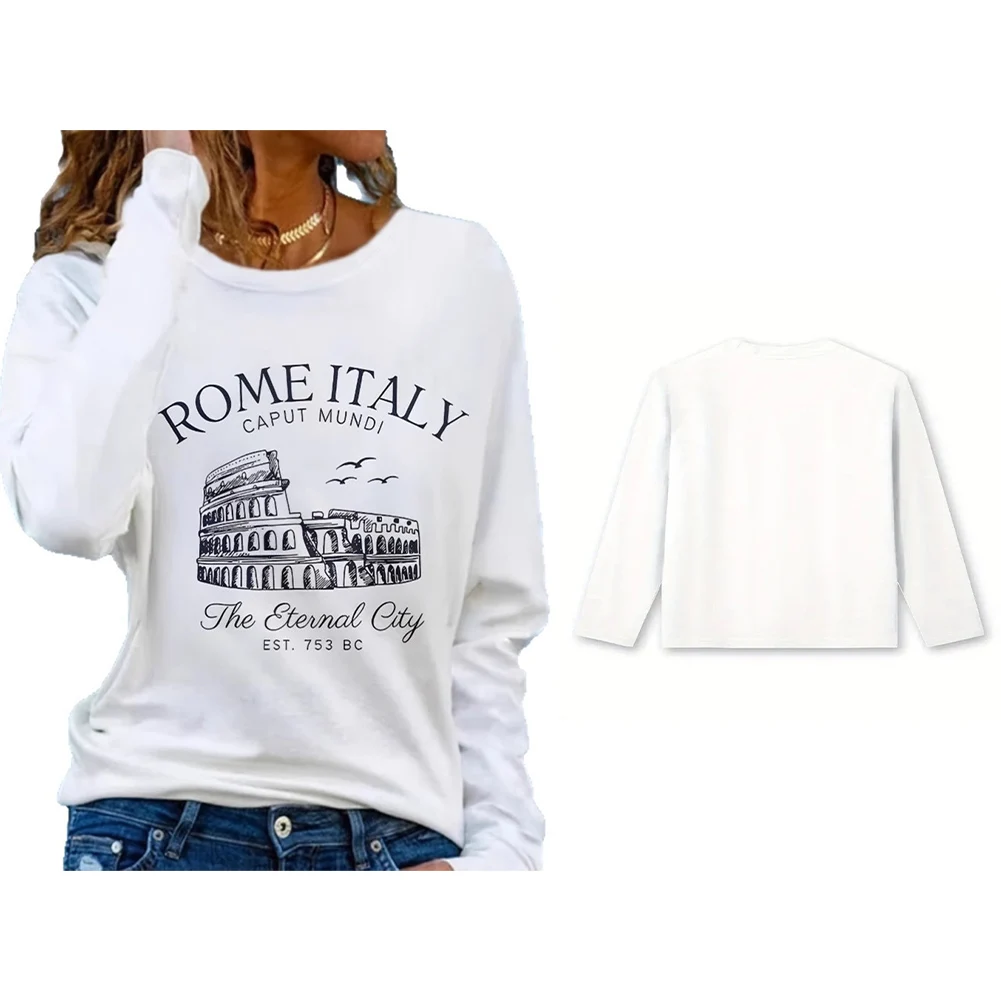 T-shirt a maniche lunghe girocollo con stampa romana da donna, vestibilità ampia e casual per l'uso quotidiano e le attività all'aperto nella stagione calda