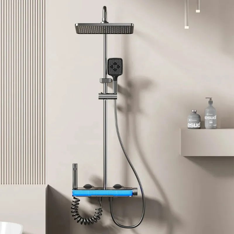 Luxury LED Digital Display Bath Mixer Shower Faucet Set 4-Functions Modern Rainfall System Bathroom Shower Head for Hotel